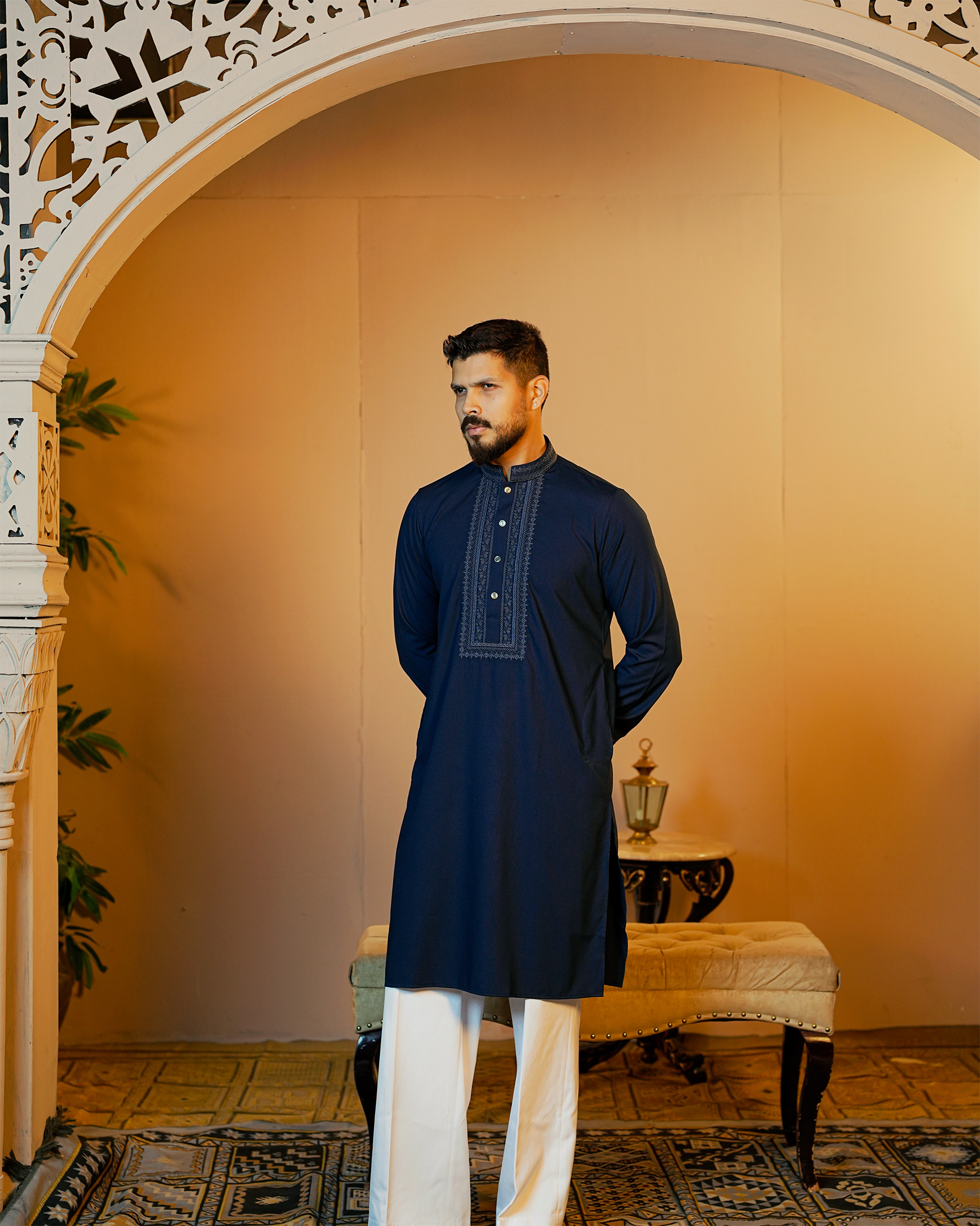 La Flora Royal Navy Blue Embroidered Panjabi