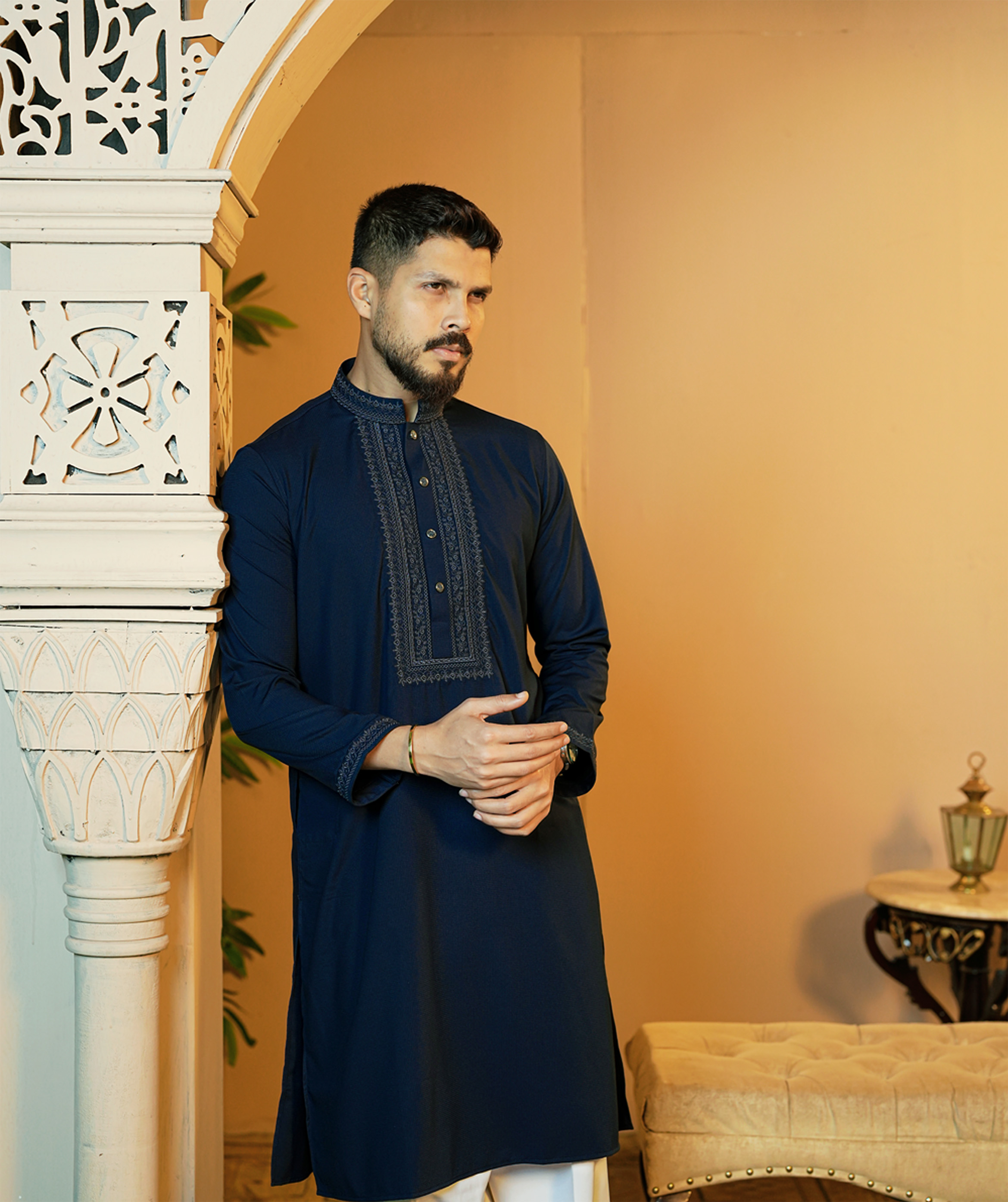 La Flora Royal Navy Blue Embroidered Panjabi