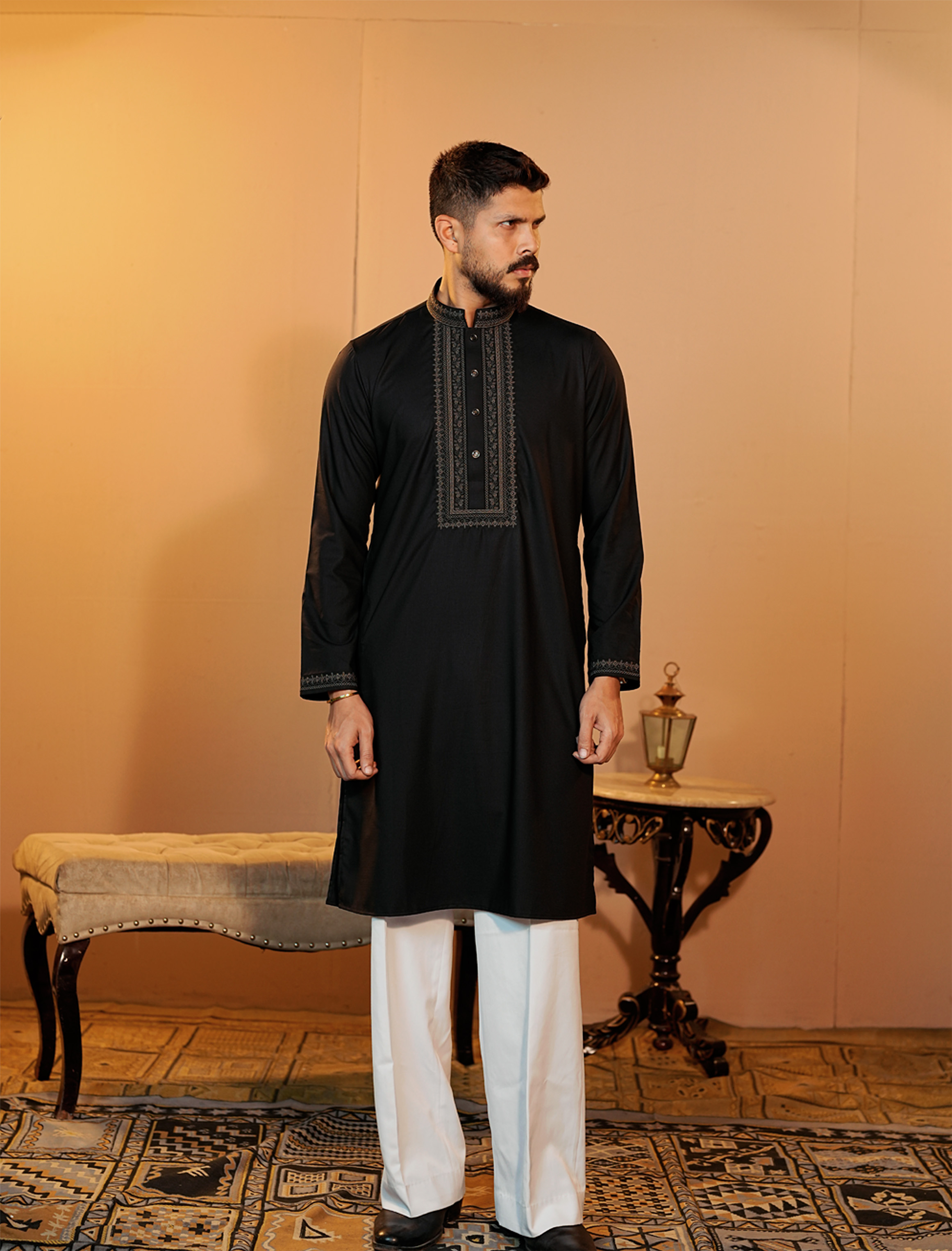 La Flora Noir Black Embroidered Panjabi