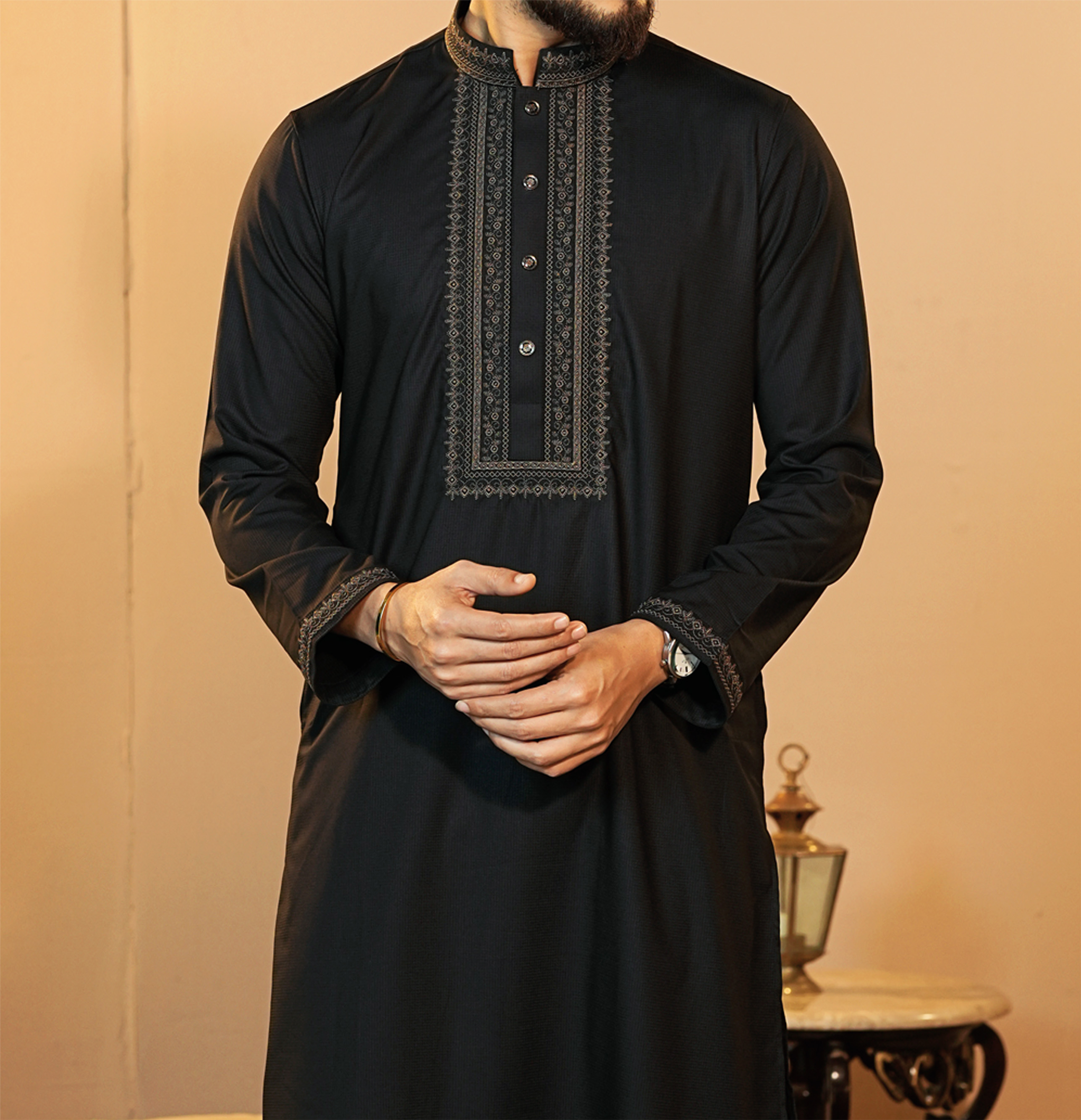 La Flora Noir Black Embroidered Panjabi