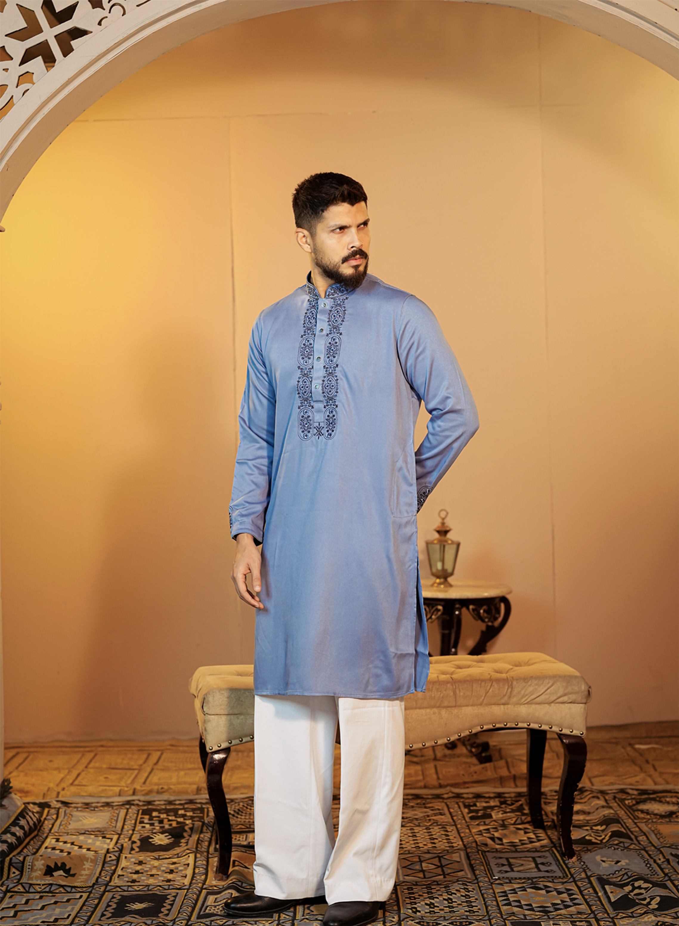 La Flora Steel Blue Embroidered Panjabi