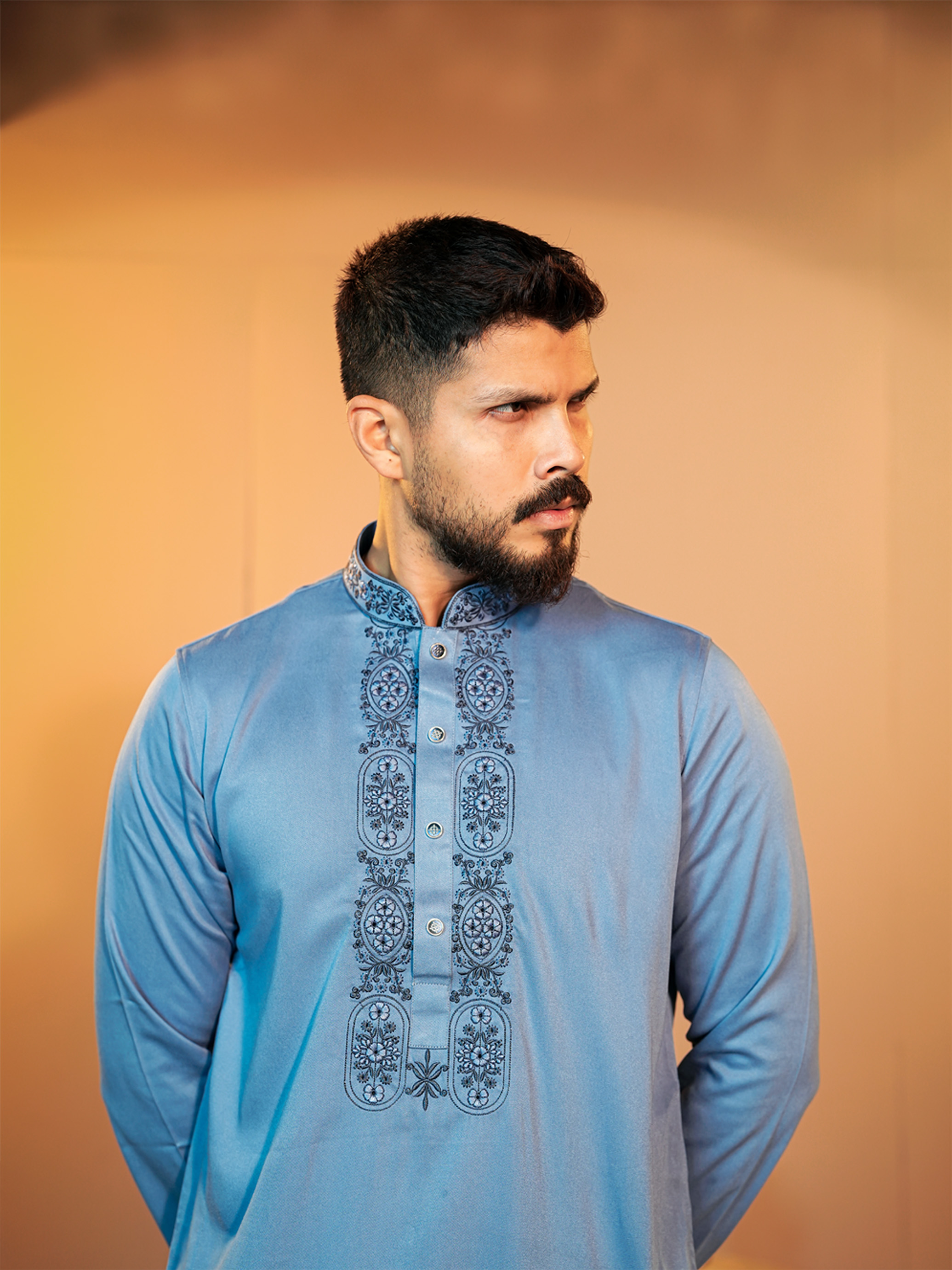 La Flora Steel Blue Embroidered Panjabi