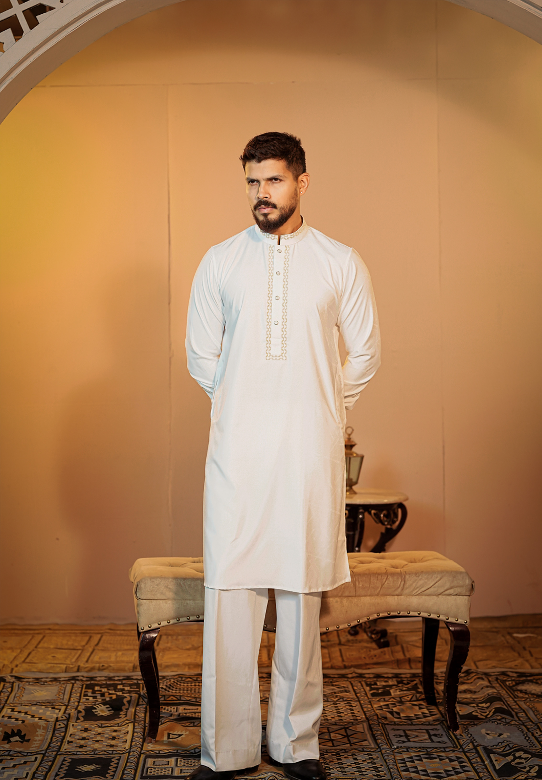 La Flora Elegant White Bamboo Panjabi