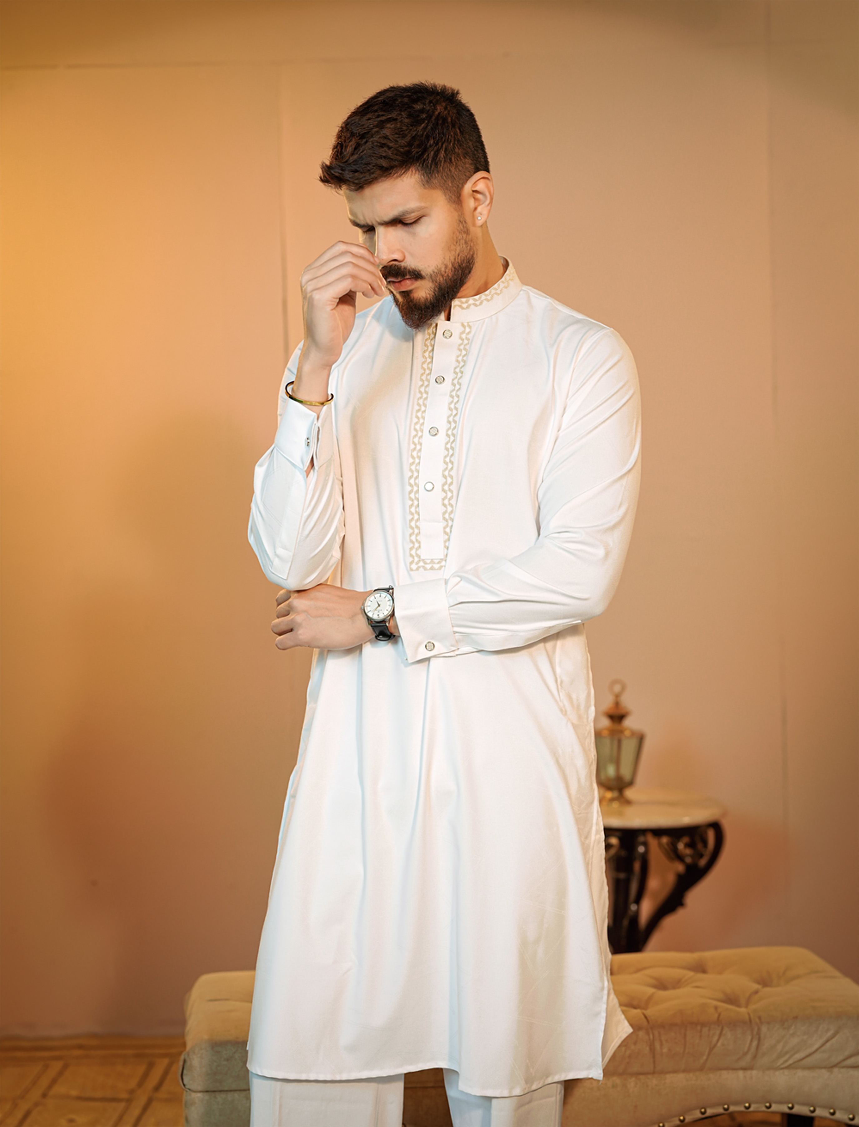 La Flora Elegant White Bamboo Panjabi