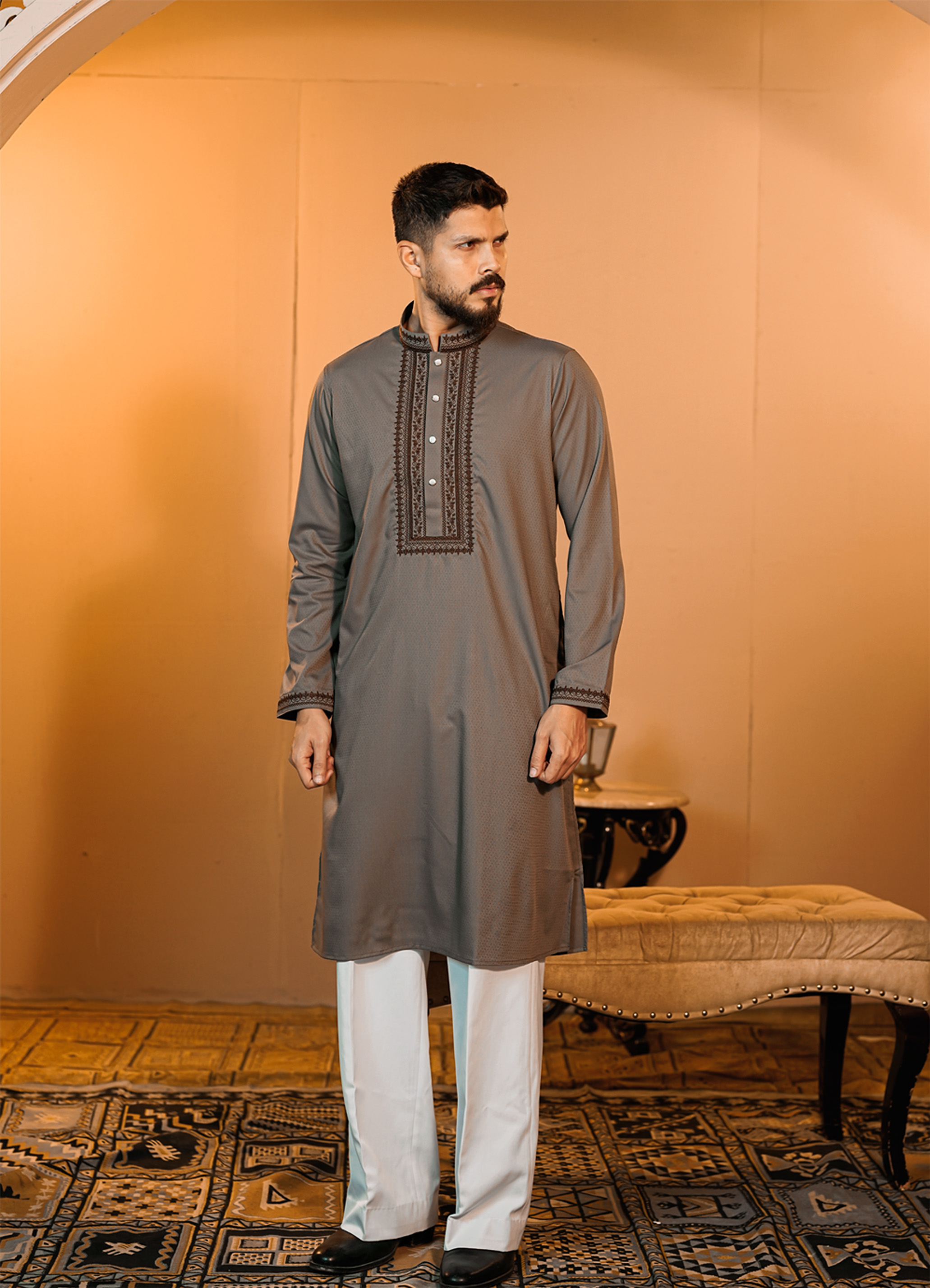 La Flora Regal Mauve Grey Embroidered Panjabi