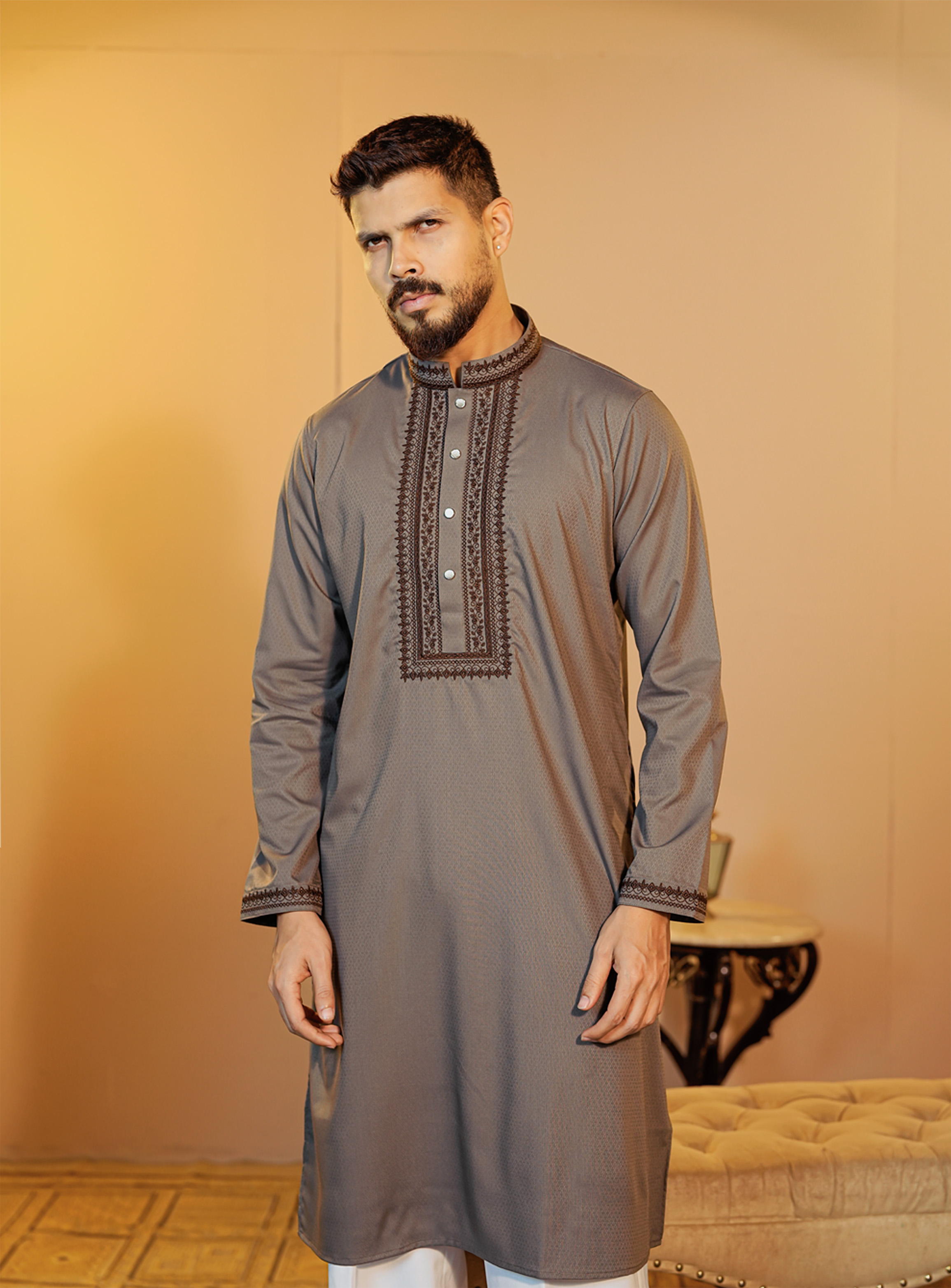 La Flora Regal Mauve Grey Embroidered Panjabi