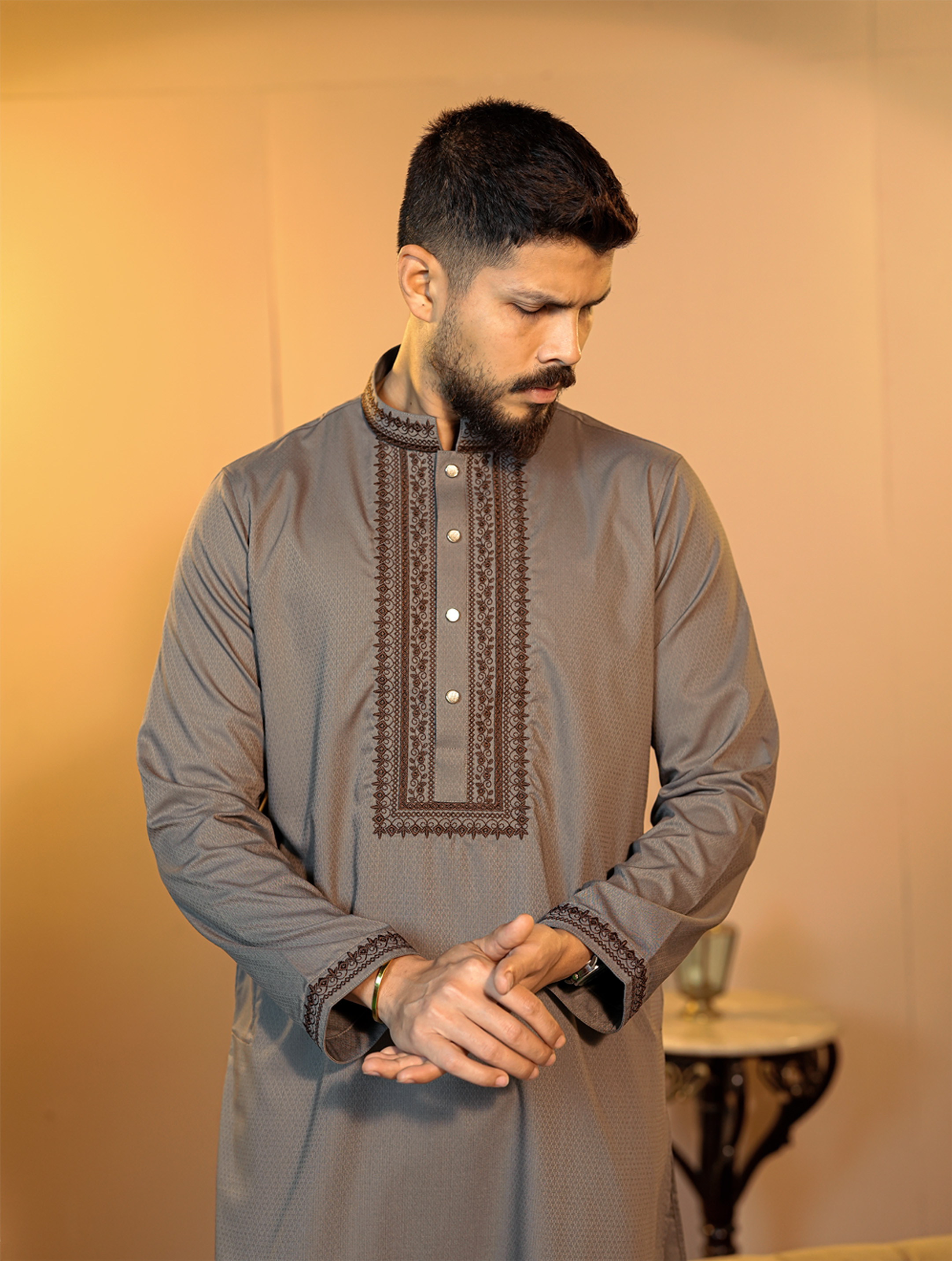 La Flora Regal Mauve Grey Embroidered Panjabi