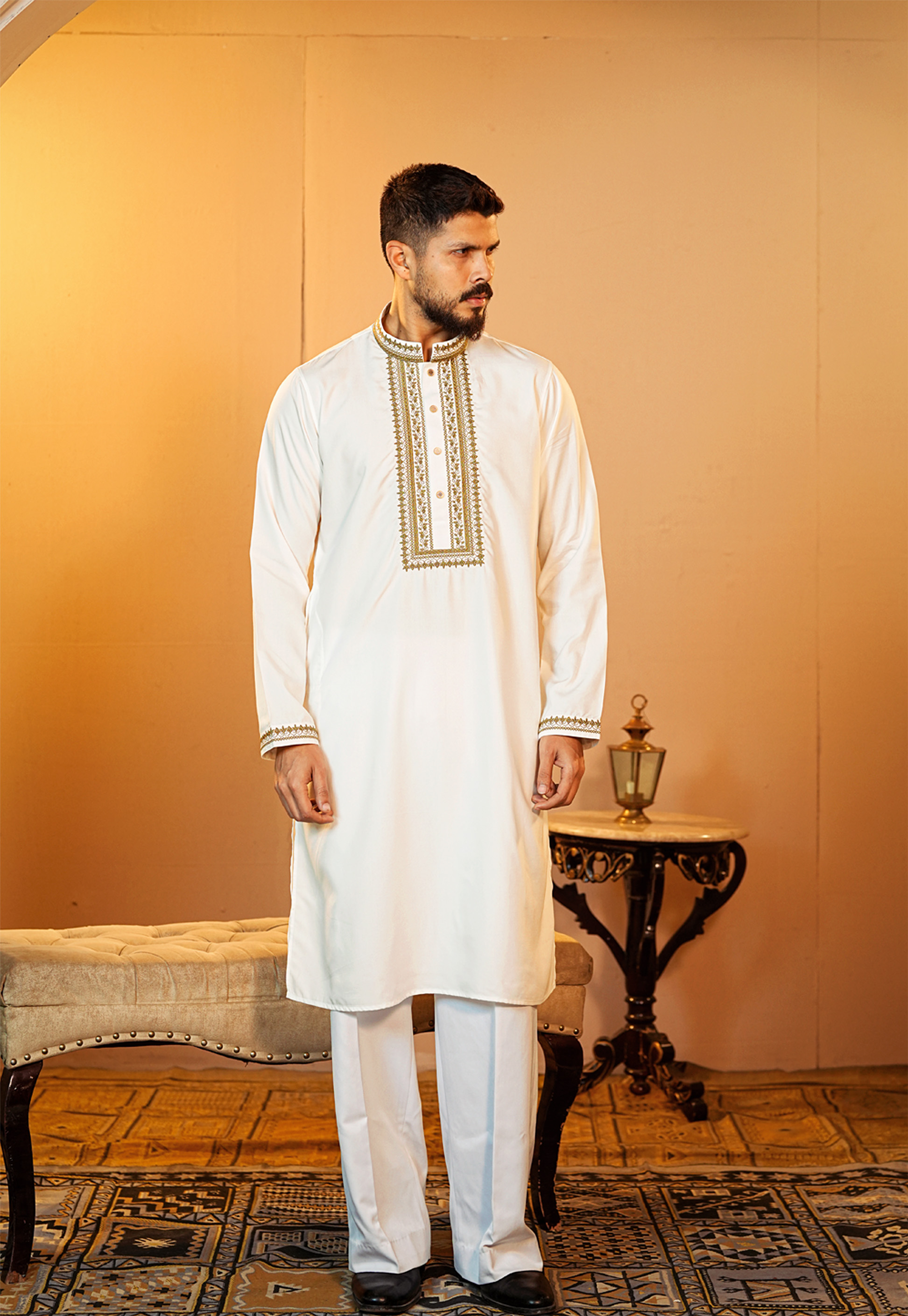 La Flora Ivory Gold Embroidered Panjabi