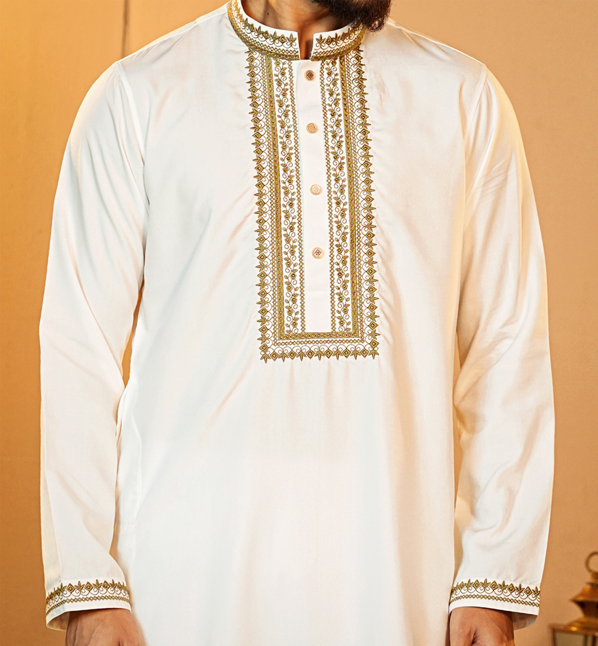 La Flora Ivory Gold Embroidered Panjabi