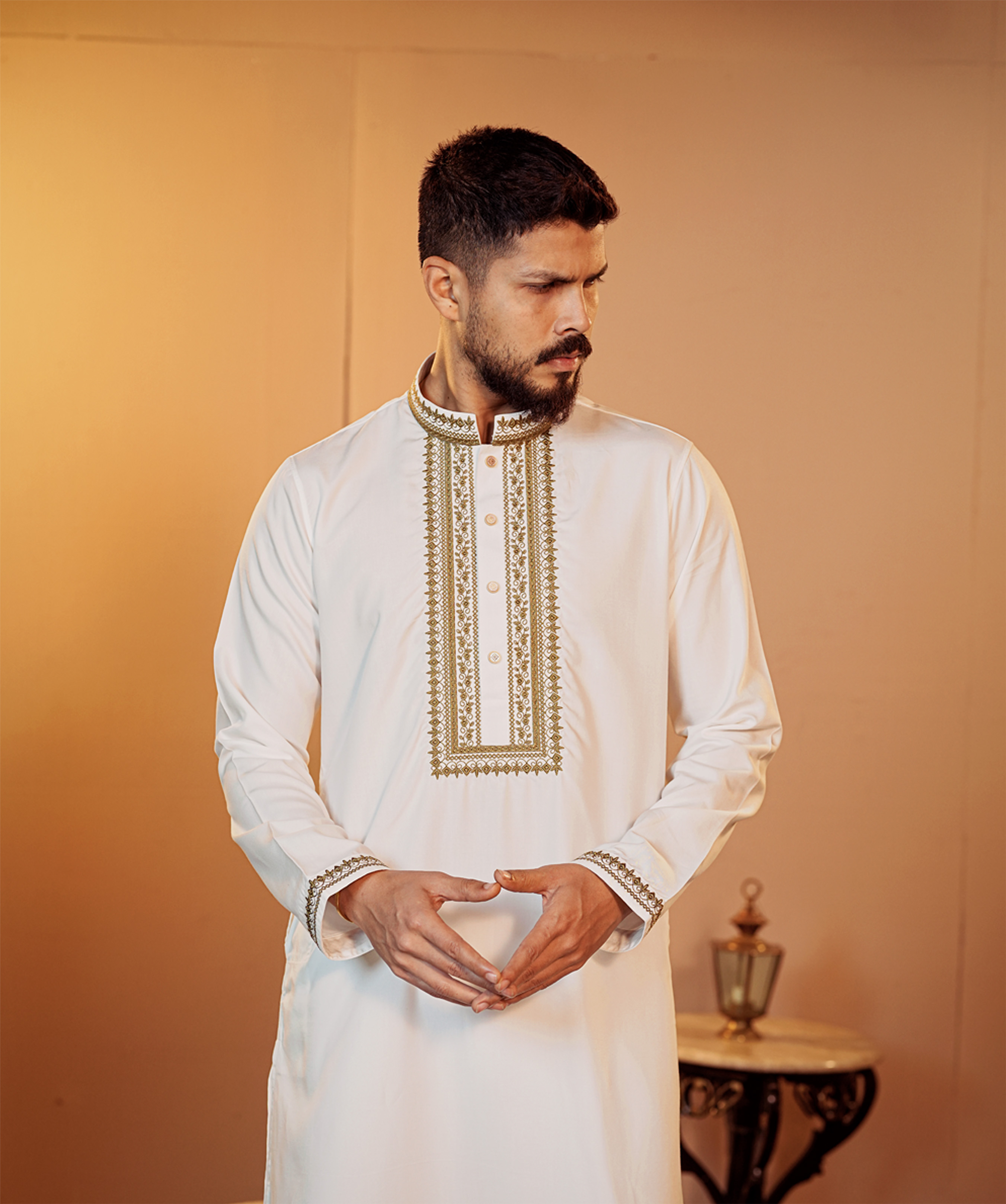 La Flora Ivory Gold Embroidered Panjabi